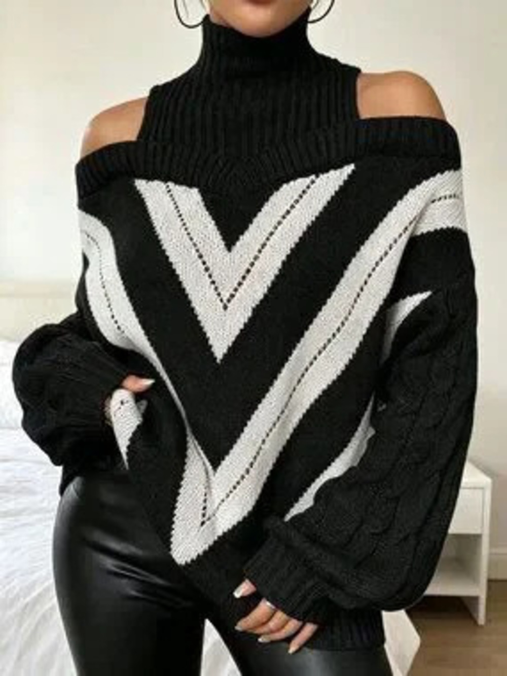 Black Casual Women's Loose Fit Stand Collar Cut Out Cold Shoulder Pullovers - Picture 2 of 9